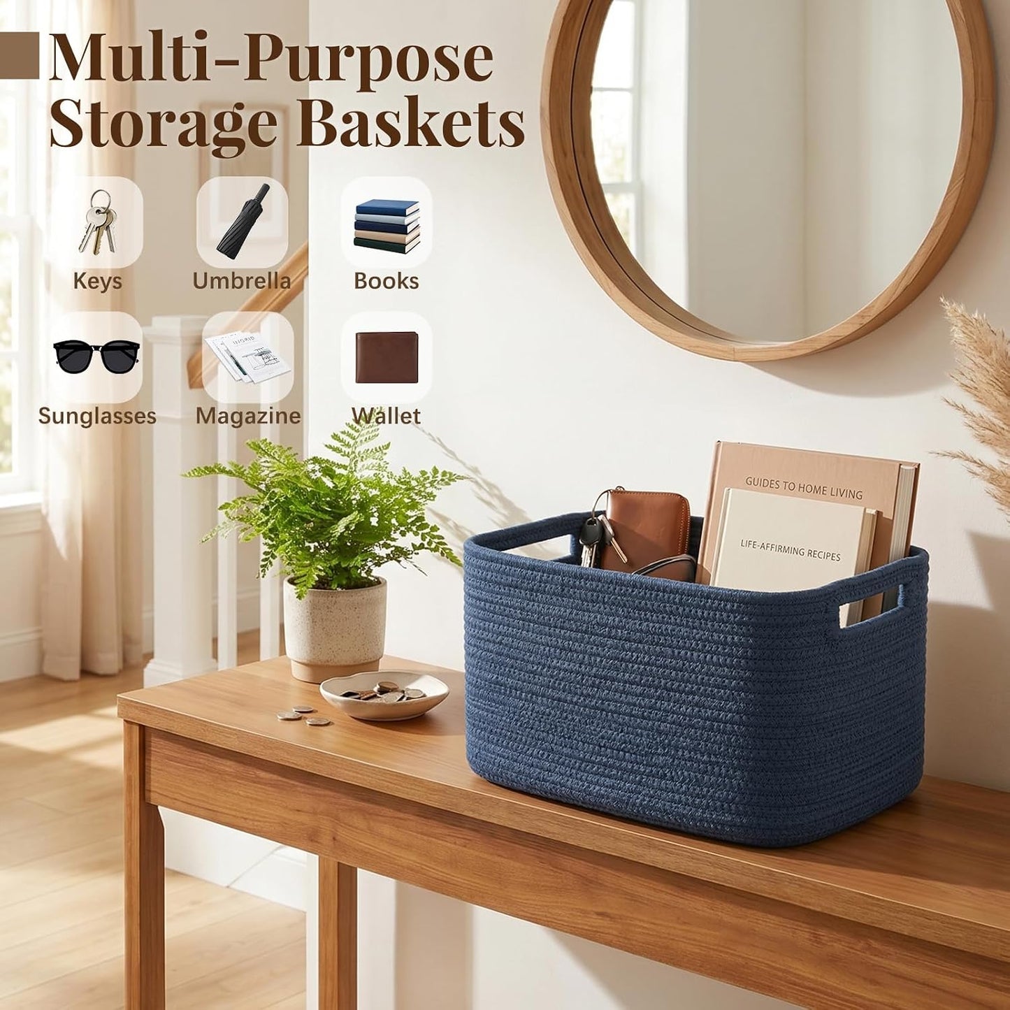 OIASKET 4Packs Natural Cotton Rope Storage Baskets for Organizing Toys, Clothes, Towels & Books, Soft Versatile Organizers for Shelves, Home Decorative Bins, 13''Lx9''Wx7.8''H, Blue