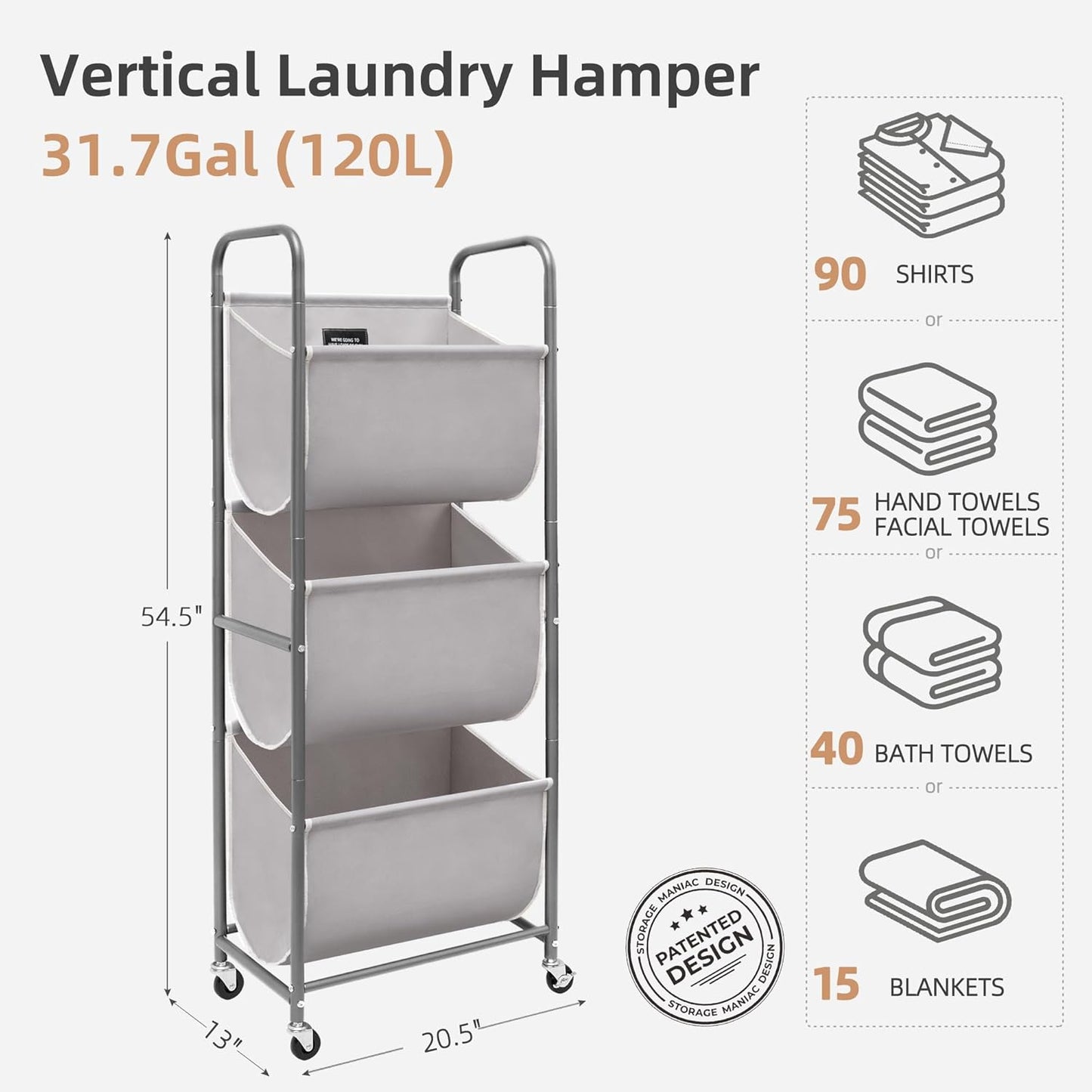 STORAGE MANIAC 120 Liters Vertical Rolling Laundry Hamper, 3 Section Laundry Sorter with Wheels and 2 Breaks, 3-tier Laundry Baskets for Small Space, Dorm, Laundry Room, Closet, Bathroom, Gray 3-tier