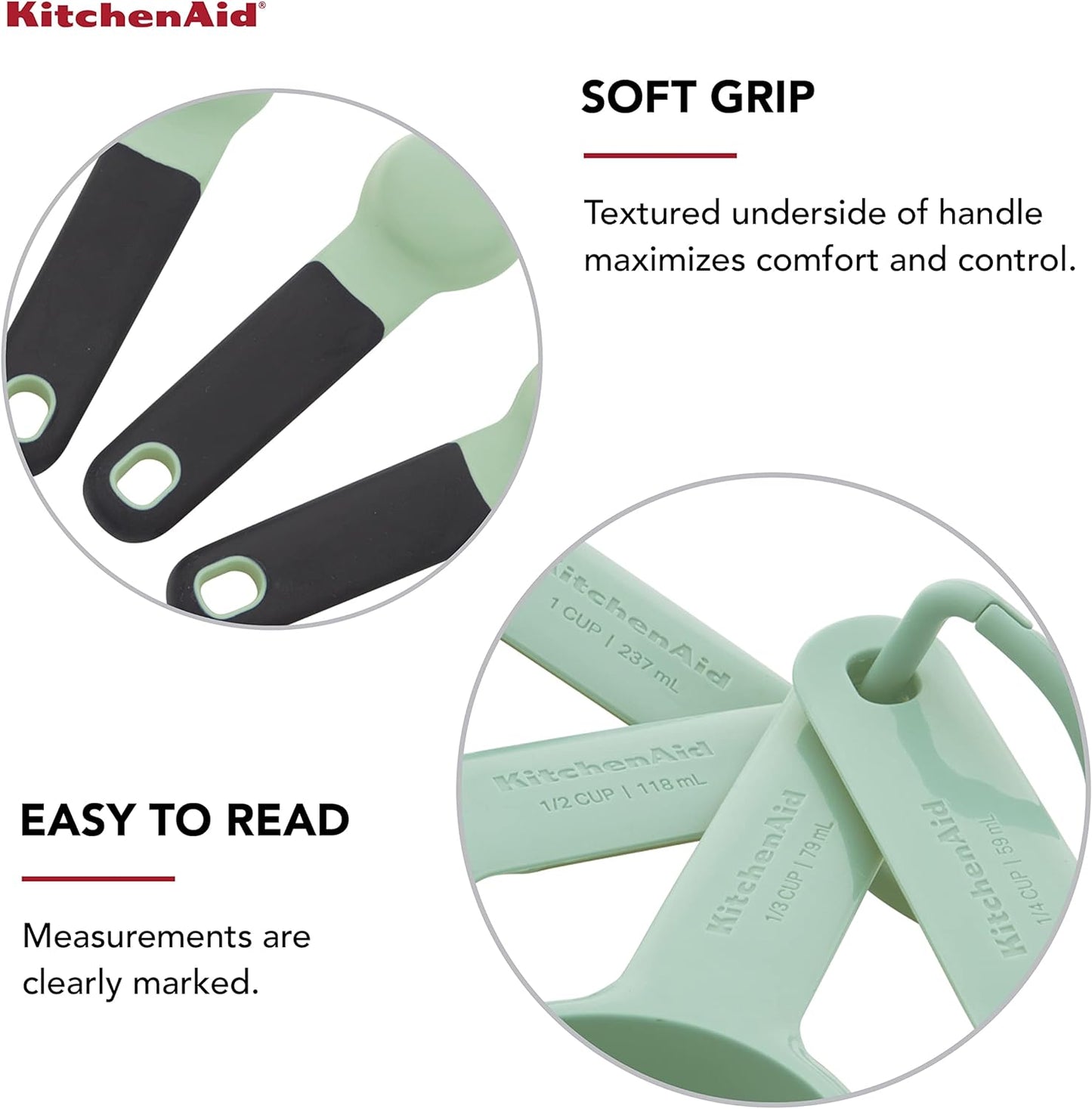 KitchenAid Universal Easy To Read Measuring Cup and Spoon Set with Soft Grip Handle for Maximum Control, Hang Hole and Nesting For Easy Storage, Dishwasher Safe, 9 Piece, Pistachio