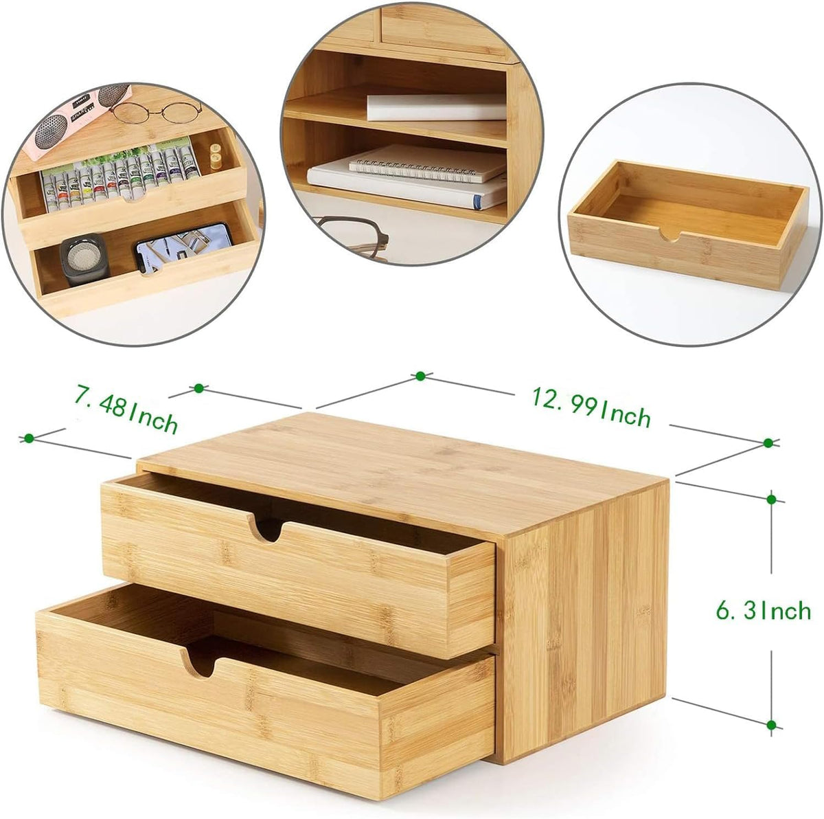 Bamboo Desk Drawer Organizer, Large Desktop Organizer with Drawers Tabletop Storage Organization Box for Office Home Toiletries Supplies Vanity, No Assembly Required (2 Drawer)