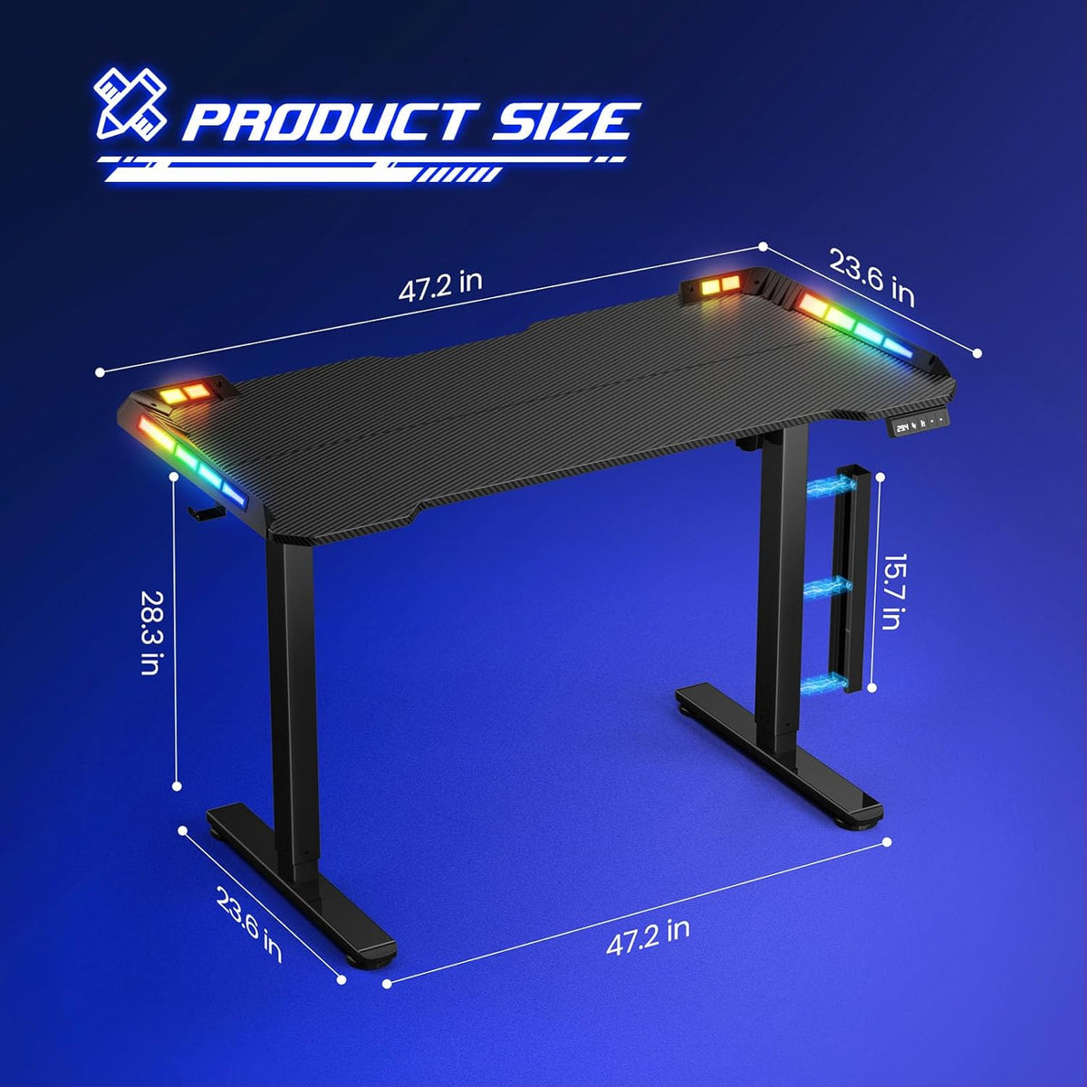 Flycity Gaming Standing Desk with LED Lights & APP Control, 48" x 24" Gaming Table with Music Sensing, Underdesk Cable Storage Electric Standing Desk, Black Carbon Fiber PC Desk for Home Office