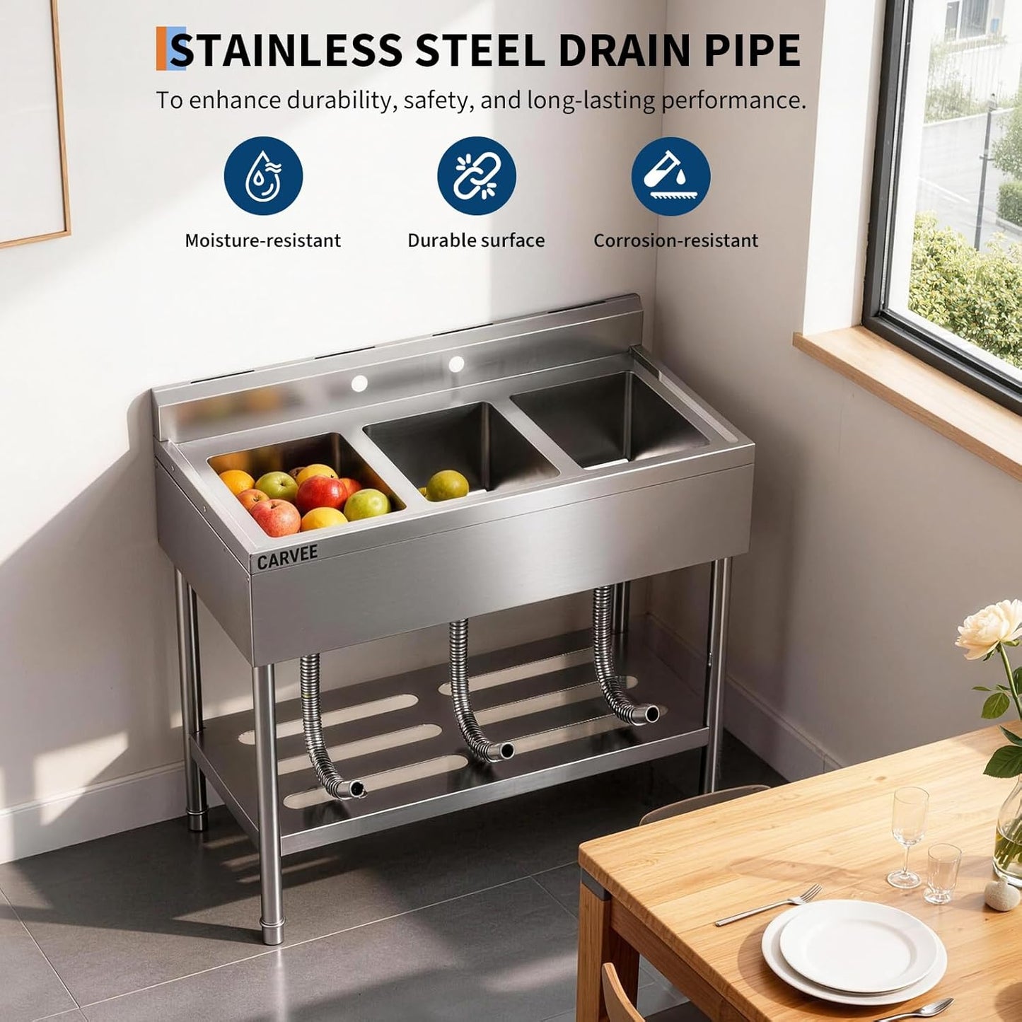 Utility Sink, Freestanding 3 Compartment Sink(18" x 10" x 8"), Stainless Steel Commercial Restaurant Sinks, Laundry Tub with 2 Pre-Drilled Faucet Holes(39" x 13" x 33")