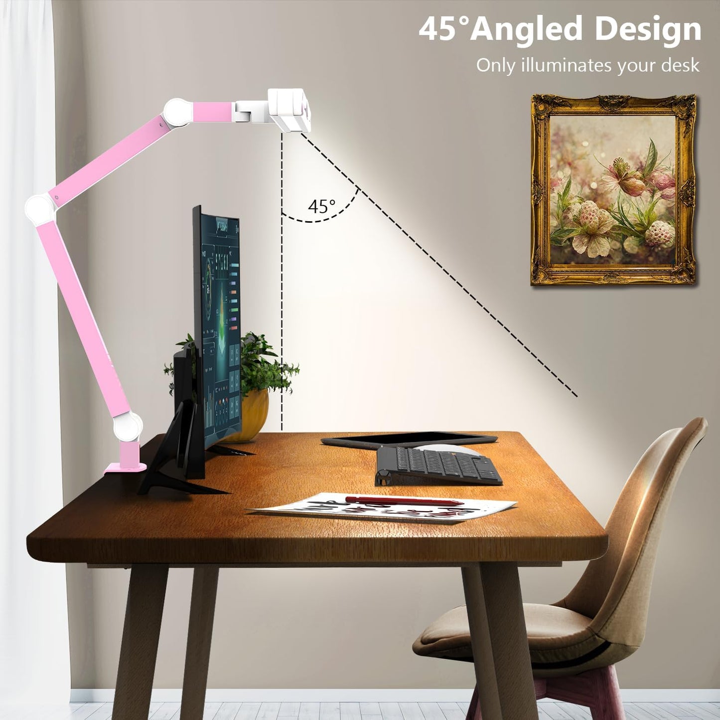 Micomlan Architect Desk Lamp for Home Office, Pink Desk Lamp with Clamp for Working, 24W Bright Rotatable Led Table Light Stepless Dimming Tempering Wide Computer Light for Crafting Puzzle Hobby