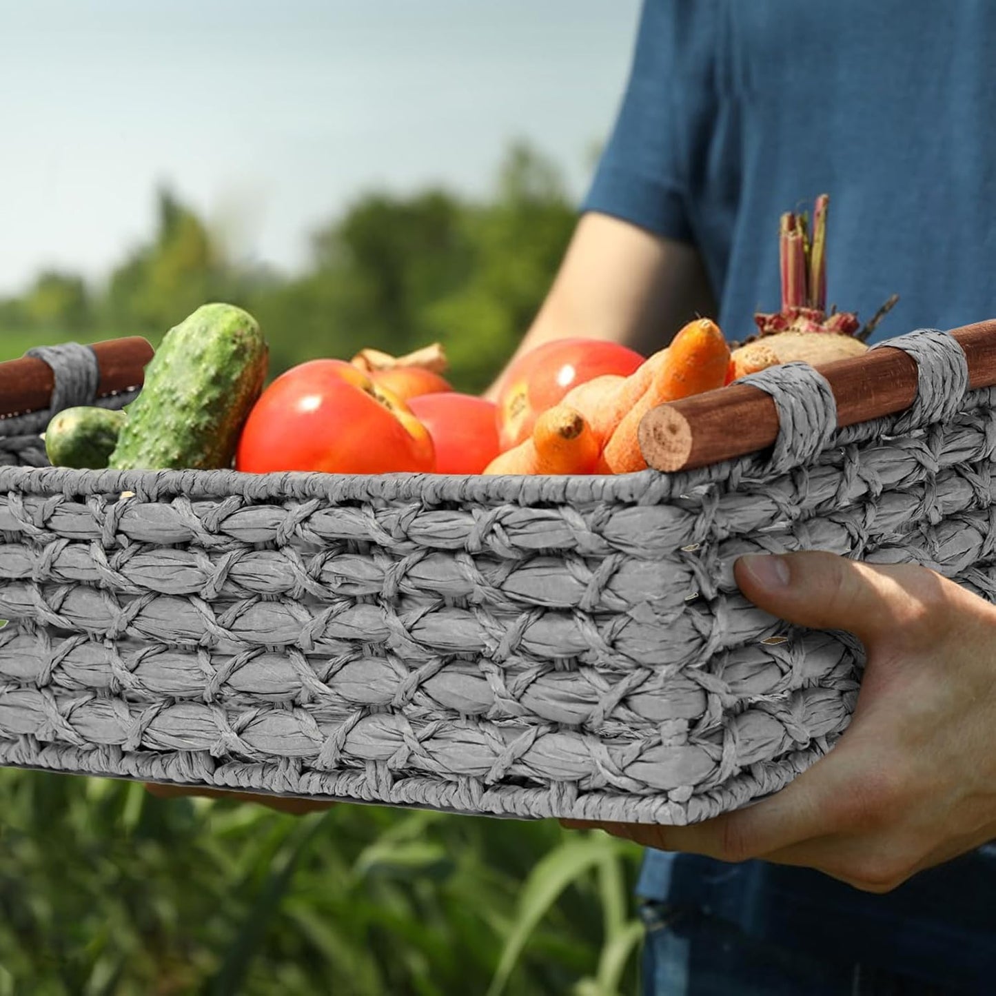 Small Storage Basket Wicker Baskets for Organizing with Handle Decorative Storage Bin for Countertop Toilet Paper Basket for Toilet Tank Top Small Baskets,Light Grey