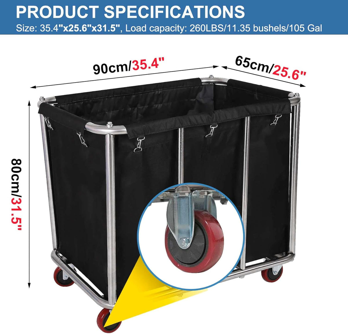 Large Laundry Cart with Wheels,Commercial Stainless Steel Heavy Duty Service Cart Laundry Hamper for Hotel/Home/School/Resort