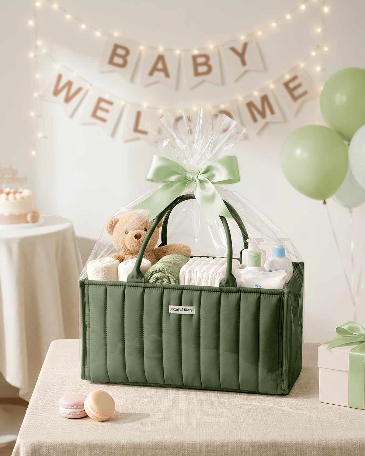 Blissful Diary Baby Diaper Caddy Organizer, Stylish Storage Basket for Newborn Essentials and Diaper Station, Gift for Baby Shower and Registry Must-Have, Deep Green