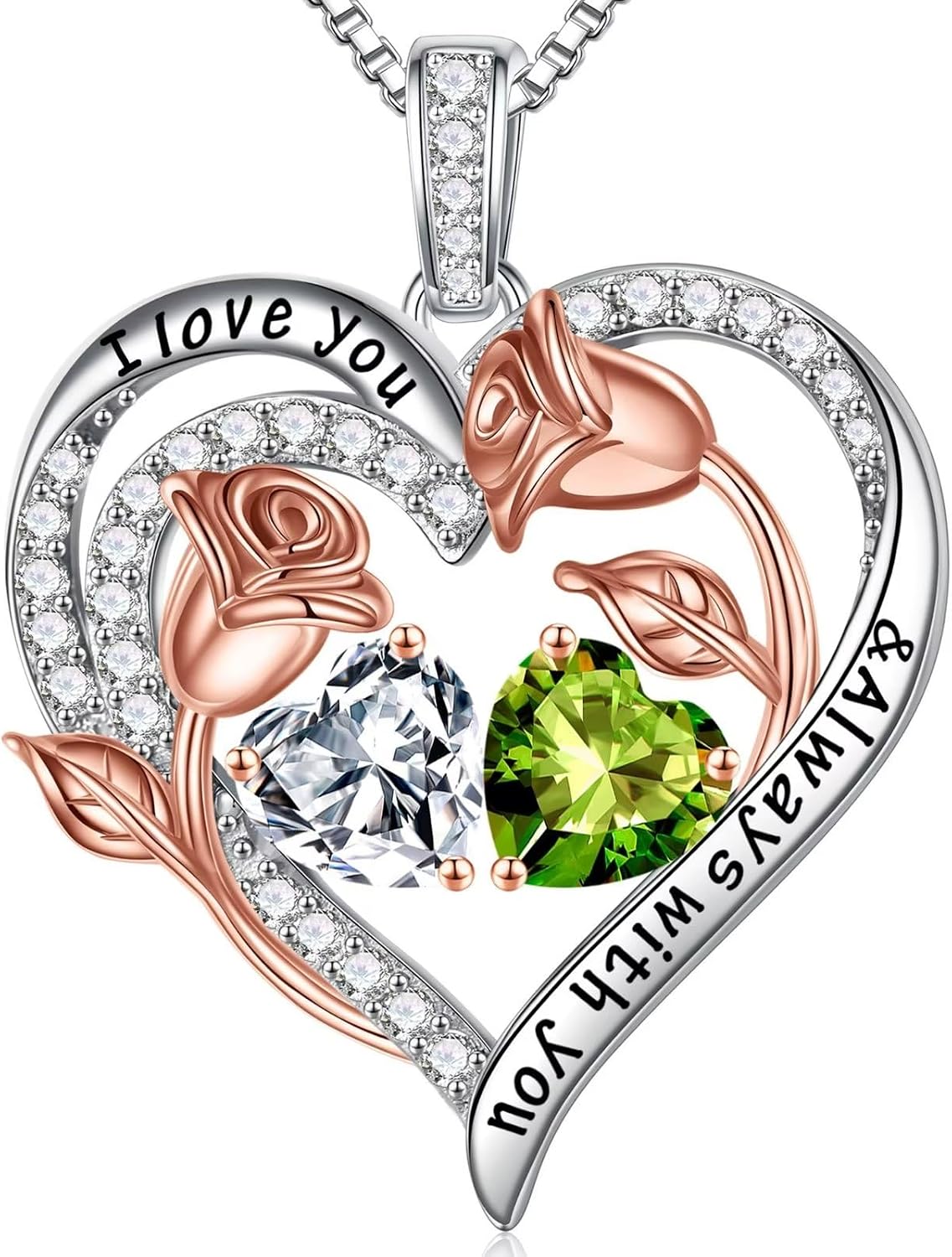 Iefil Birthstone Necklace for Women - Rose Heart Necklace