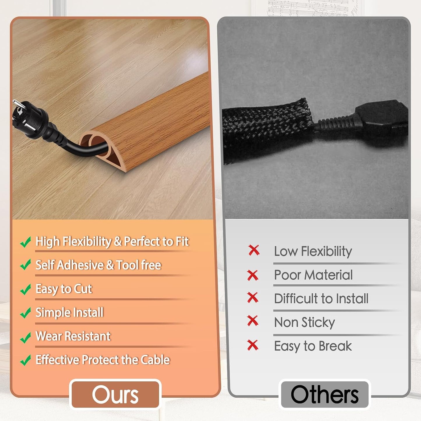 Floor Cord Cover for Wires on Floor Self Adhesive Cord Hider | Floor Cable Cover Floor Wire Covers for Cords Prevent Cable Trips, Cord Cavity W 0.32" x H 0.32", Brown Wood, 20Ft