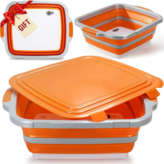 16L Collapsible BBQ Prep Tub with Locking Lid & Cutting Board - Marinade Container Grill Carry System for RV Picnic Tailgate - Portable Wash Basin for Kitchen Camping Sink - Gift for Men Women