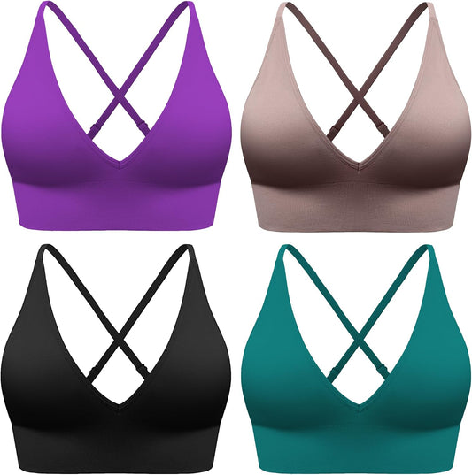 Women's V Neck Sports Bras, Adjustable Seamless Wireless Padded Bralettes
