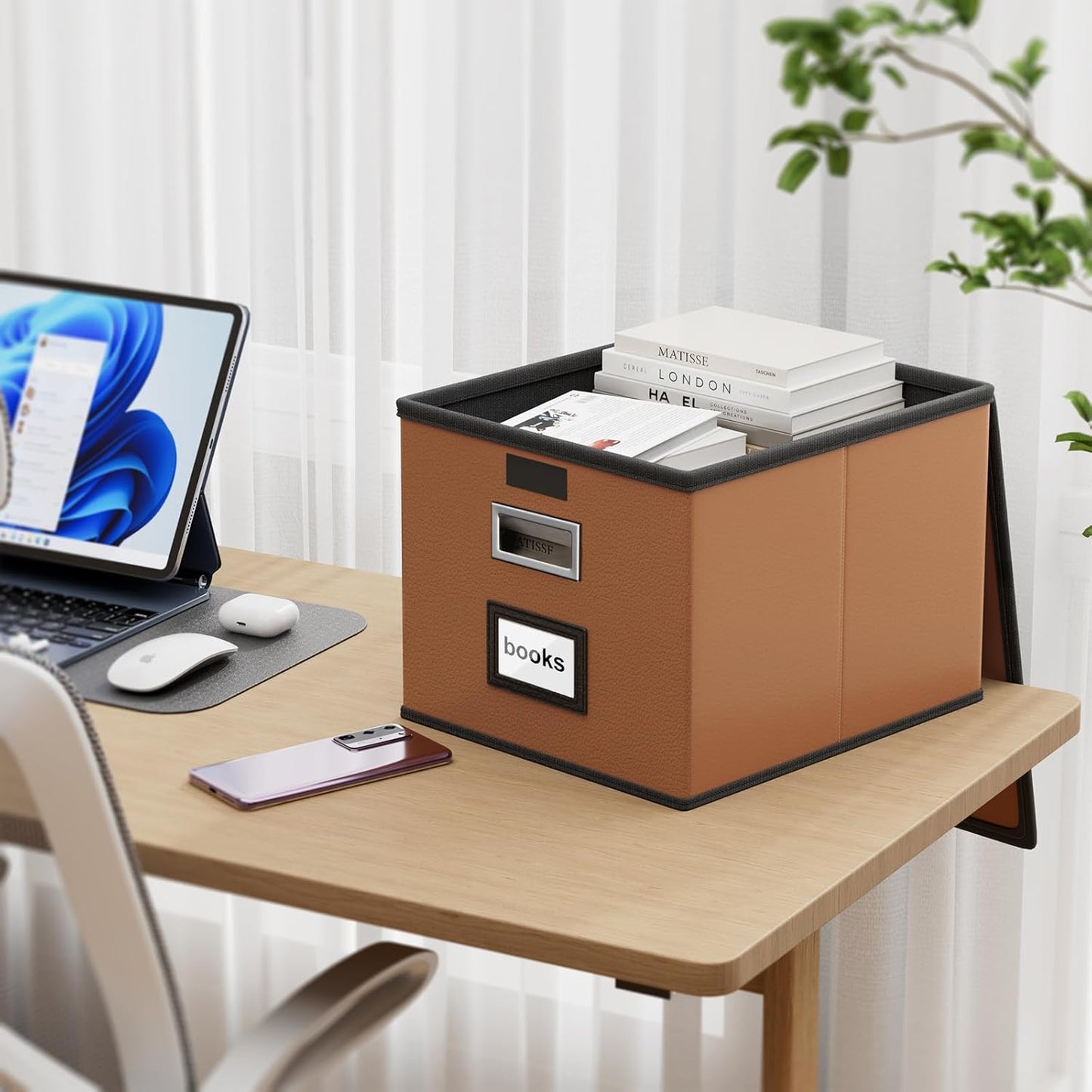Faux Leather File Organizer Box with Lid, Collapsible Hanging File Folder Box Organizer with Plastic Slides, Decorative Home/Office Filing System Boxes for File and Folder Storage
