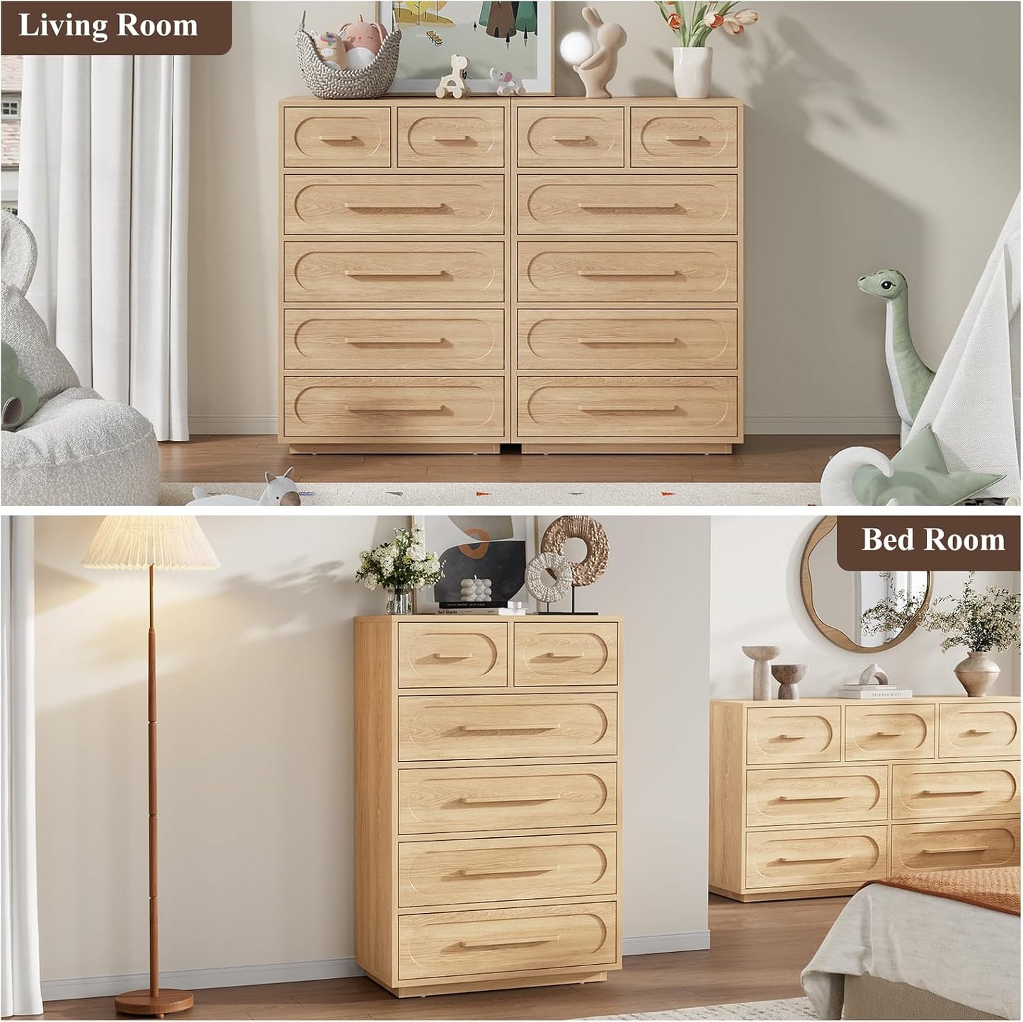 6 Drawer Dresser for Bedroom, 44" Tall Modern Chest of Drawers with Solid Wood Handle, Large Wood Storage Dresser Organizer for Bedroom, Living Room, Natural Oak