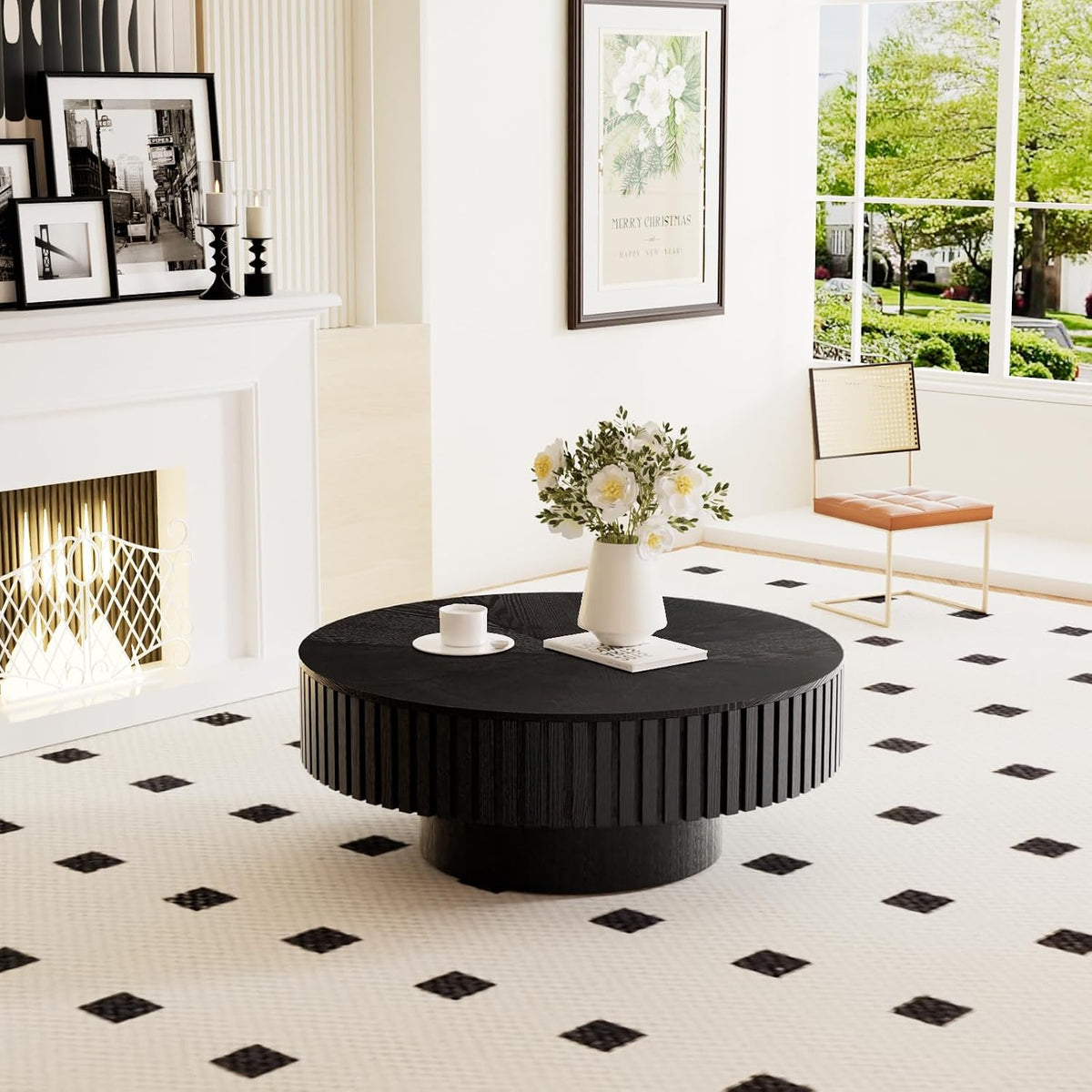 31" Black Round Wood Fluted Drum Coffee Table with Storage (G)