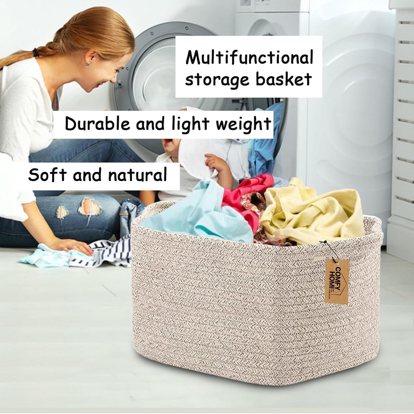 COMFY-HOMI Cotton Rope Woven Basket with Handles for Shelves,Toys,Book, Cloth Storage Baskets Bin for Organizing- 1 PCSToy Decorative Organizer for Living Room, Bathroom