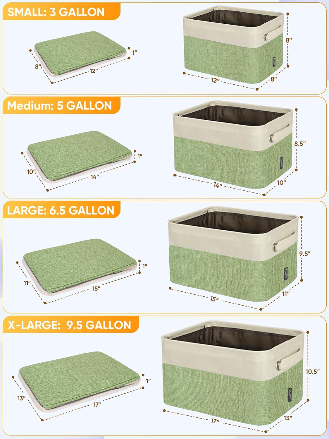 BALEINE 4 Pack Fabric Closet Storage Bins for Shelves, Linen Closet Organizers and Storage, Decorative Baskets for Organizing, Shelf, Clothes, Home, Office (Green, 12"x8"x8")