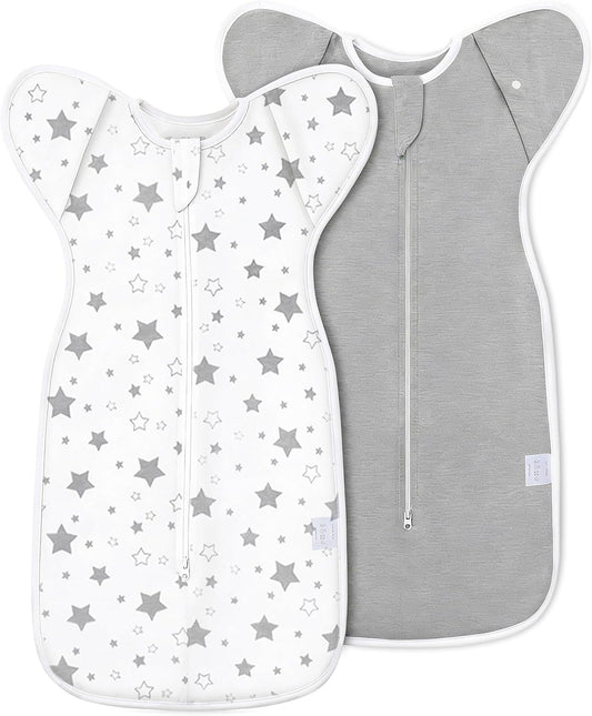 ANYEDDE 2-Pack Baby Swaddle 0-3 Months - Arms Up Swaddle for Newborns, Baby Sleep Bag with Cuff Removable & 2-Way Zipper, Gray Stars Design