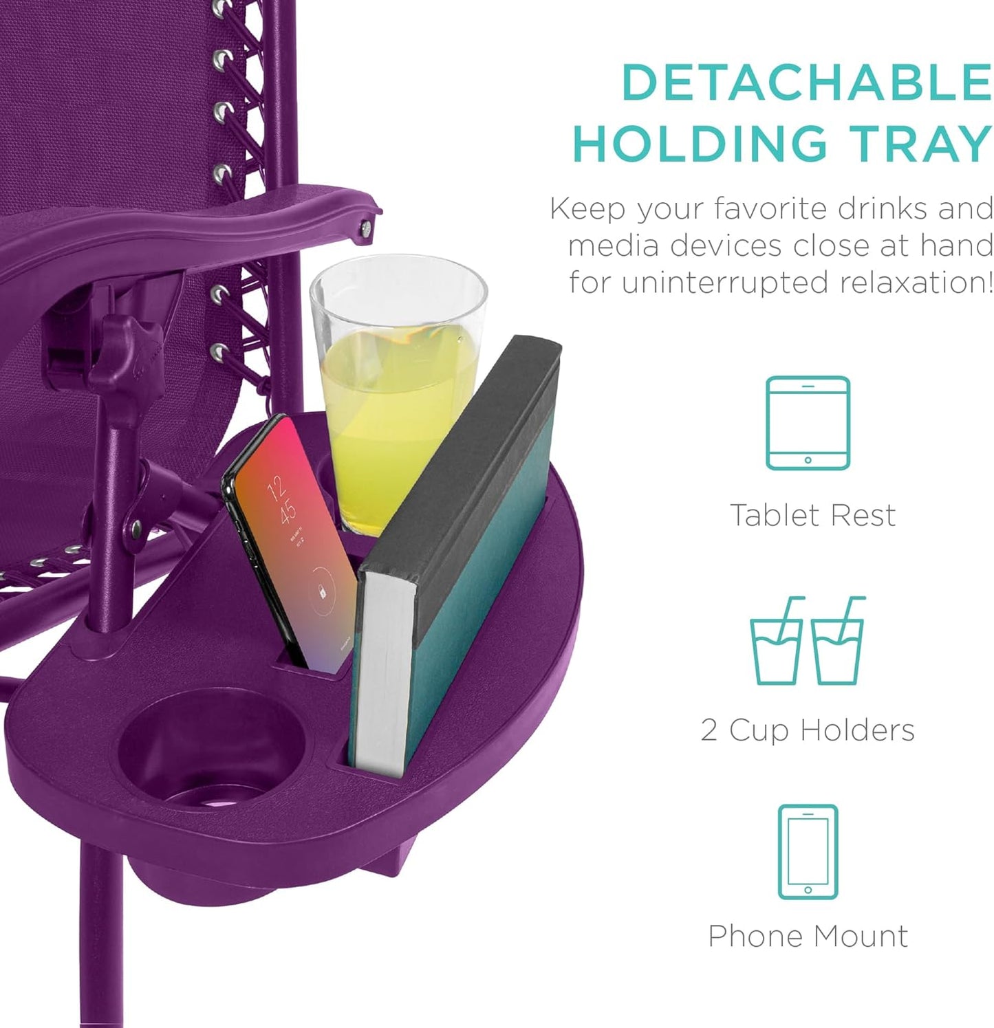 Best Choice Products Set of 2 Adjustable Steel Mesh Zero Gravity Lounge Chair Recliners w/Pillows and Cup Holder Trays - Amethyst