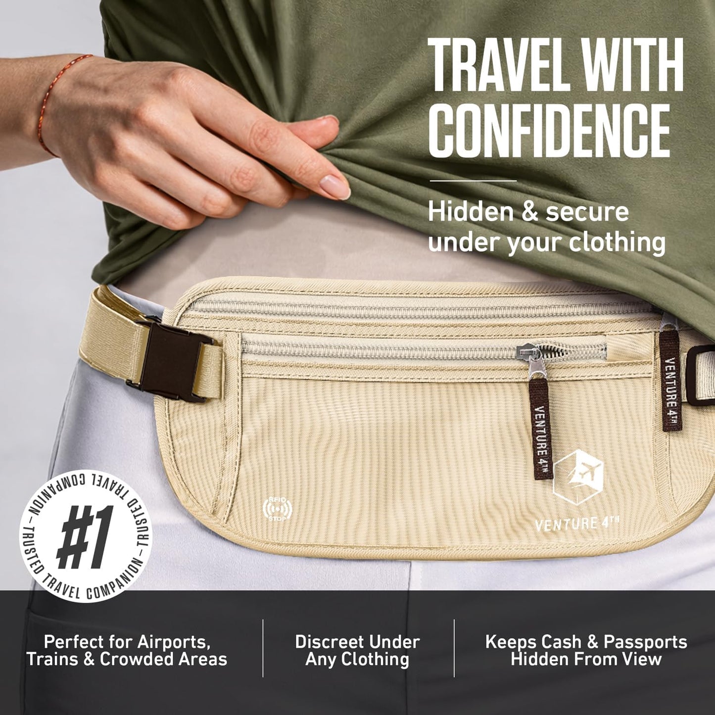 VENTURE 4TH Money Belt for Travel – Slim Hidden Under-Clothes RFID Blocking Anti-Theft Passport Holder & Travel Wallet Pouch for Men & Women to Protect Cash, Cards & Documents (Beige)