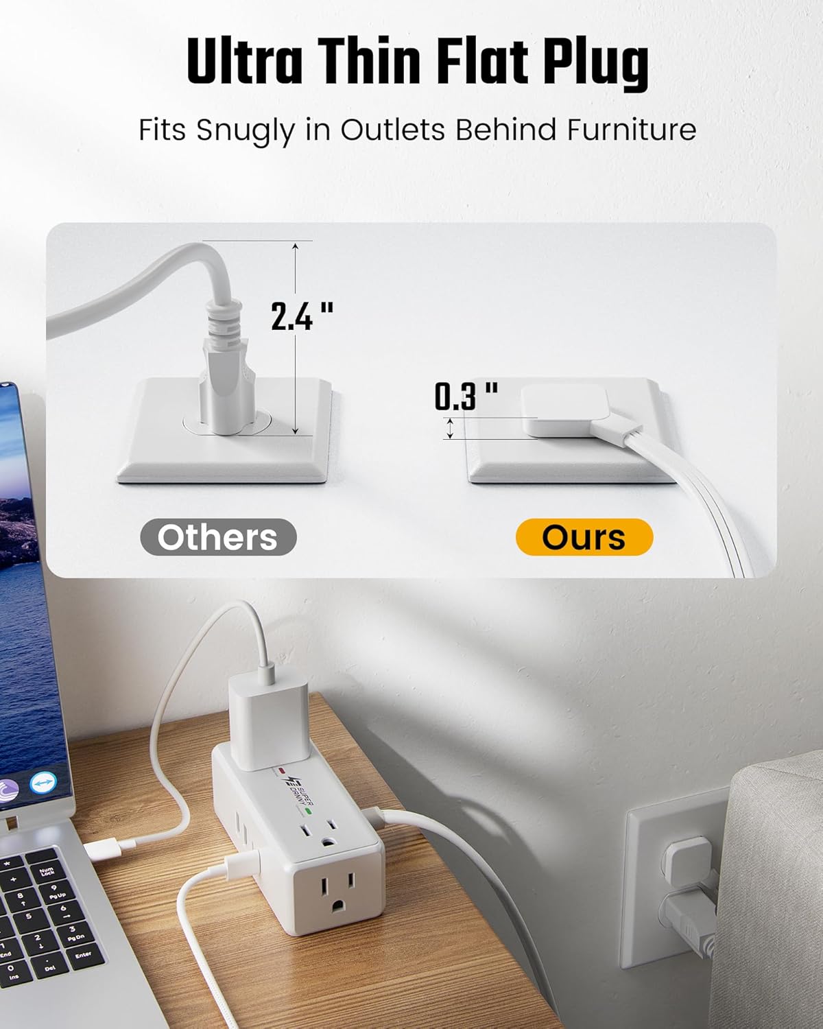 3Ft Extension Cord with Multiple Outlets, Flat Plug Surge Protector Power Strip Short Extension Cord 3 Ft, 4 Outlets & 4 USB Ports (2 USB C), Charging Station for Home Office, Dorm Room Essentials