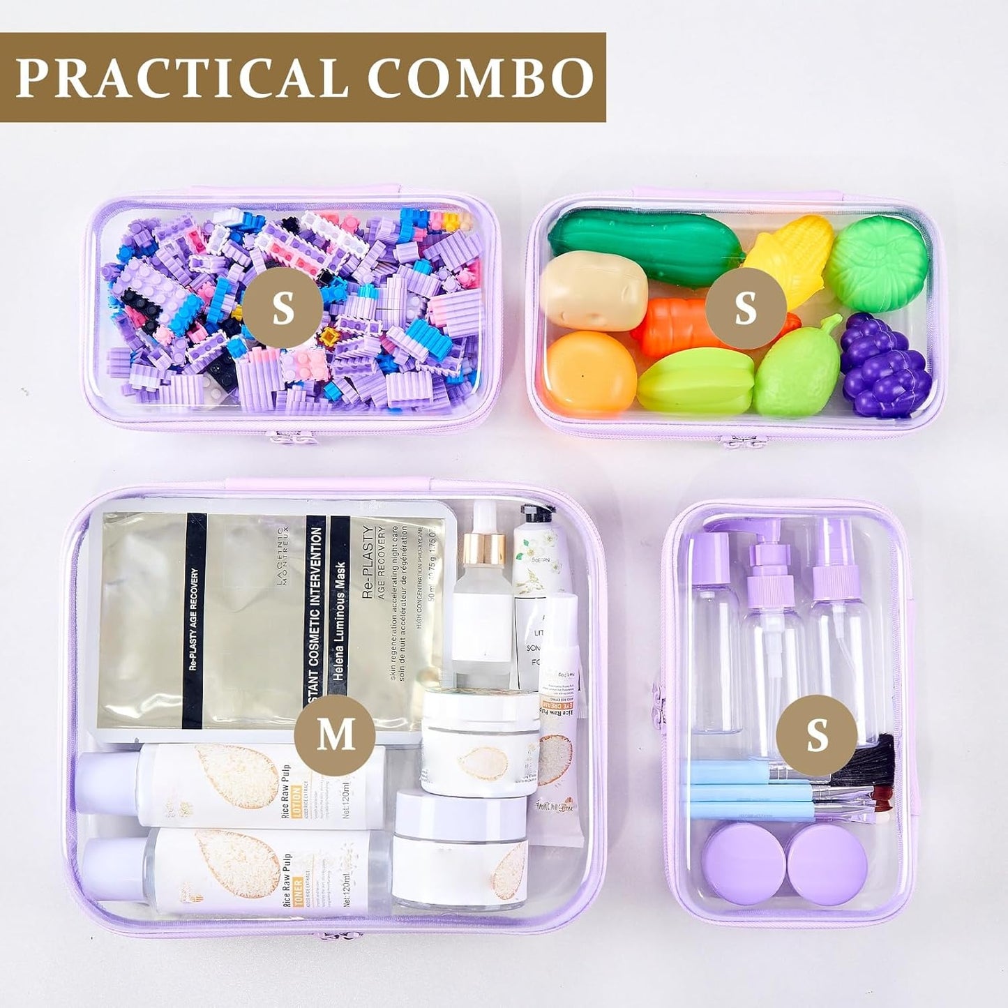 4 pcs Clear Zipper Pouches,Hard Shell Zipper Case, Toiletry Bag for Travel, CLear Diaper Bag, Toiletry Pouch, Travel Organizer, Cosmetic Bag,Toy Storage Bins (M+3S) (Lavender)