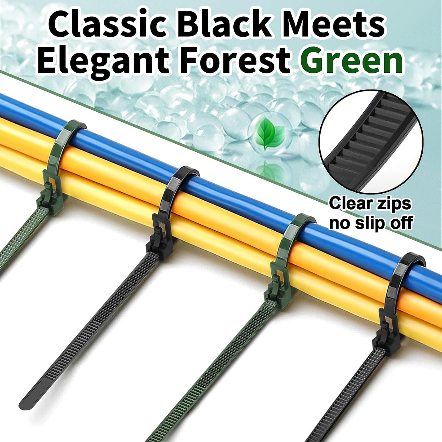 200 Pack Reusable Zip Ties 12 Inch Heavy Duty Cable Ties Black Dark Green | Reusable Trigger Release / Heavy Duty Nylon / UV Weatherproof / Non-Slip Self-Locking / Smooth Round Ending No Hurt