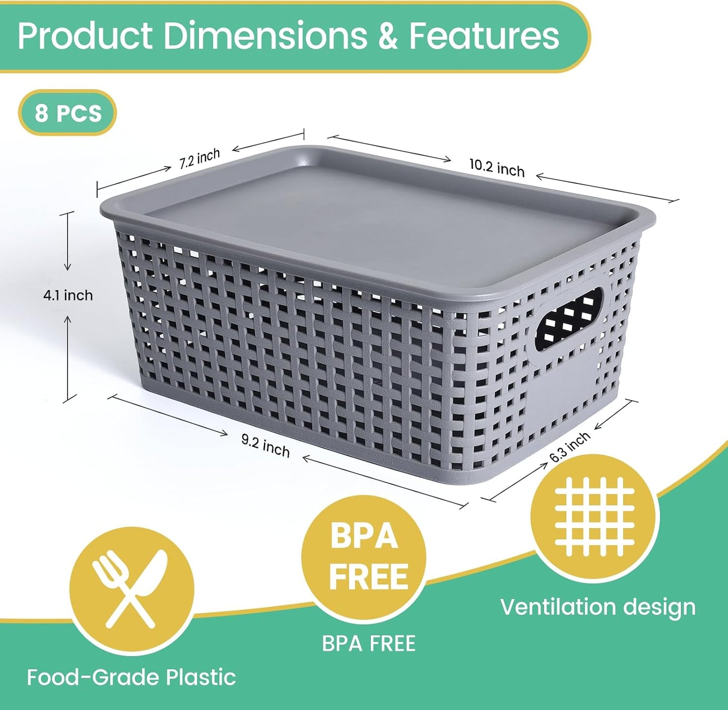 Ohmlove 8 Pack Plastic Storage Baskets with Lids for Organization