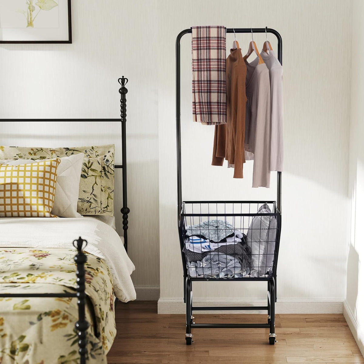 ALIMORDEN Laundry Cart with Clothes Rack, Rolling Laundry Cart with Wheels, Extra Large Basket, Black