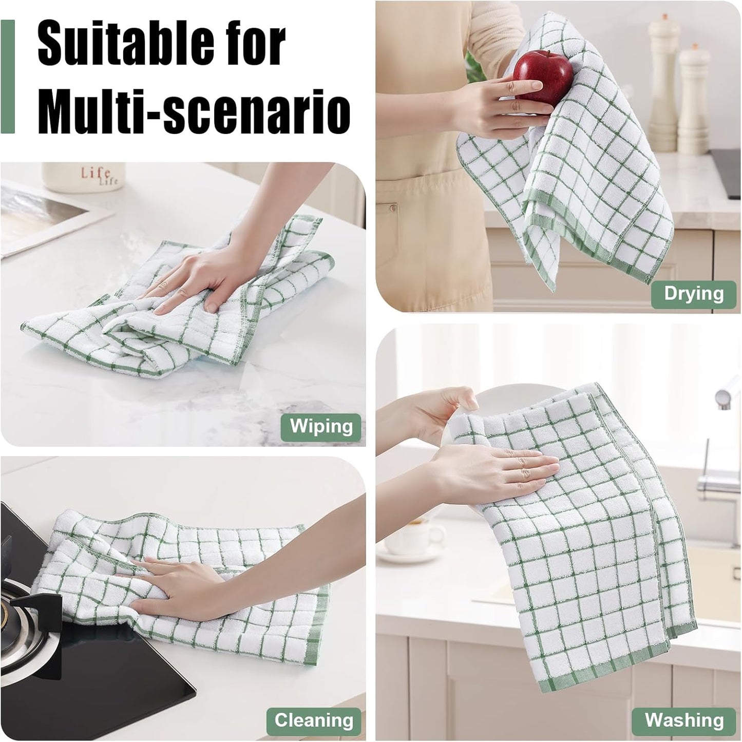 Homaxy Premium Kitchen Towels(16”x 28”, 6 Pack), Large Ring Spun Cotton Dish Towels, Super Absorbent Soft Terry Kitchen Hand Towels, Check Design Tea Towel Set with Hanging Loop, Grass Green