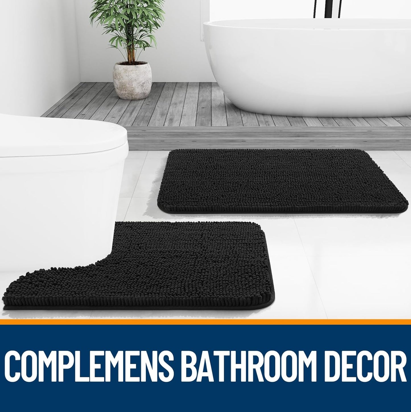 OLANLY Bathroom Rugs 36x24, Extra Soft Absorbent Chenille Bath Rugs, Rubber Backing Quick Dry, Machine Washable Bath Mats for Bathroom Floor, Tub and Shower, Home Decor Accessories, Black