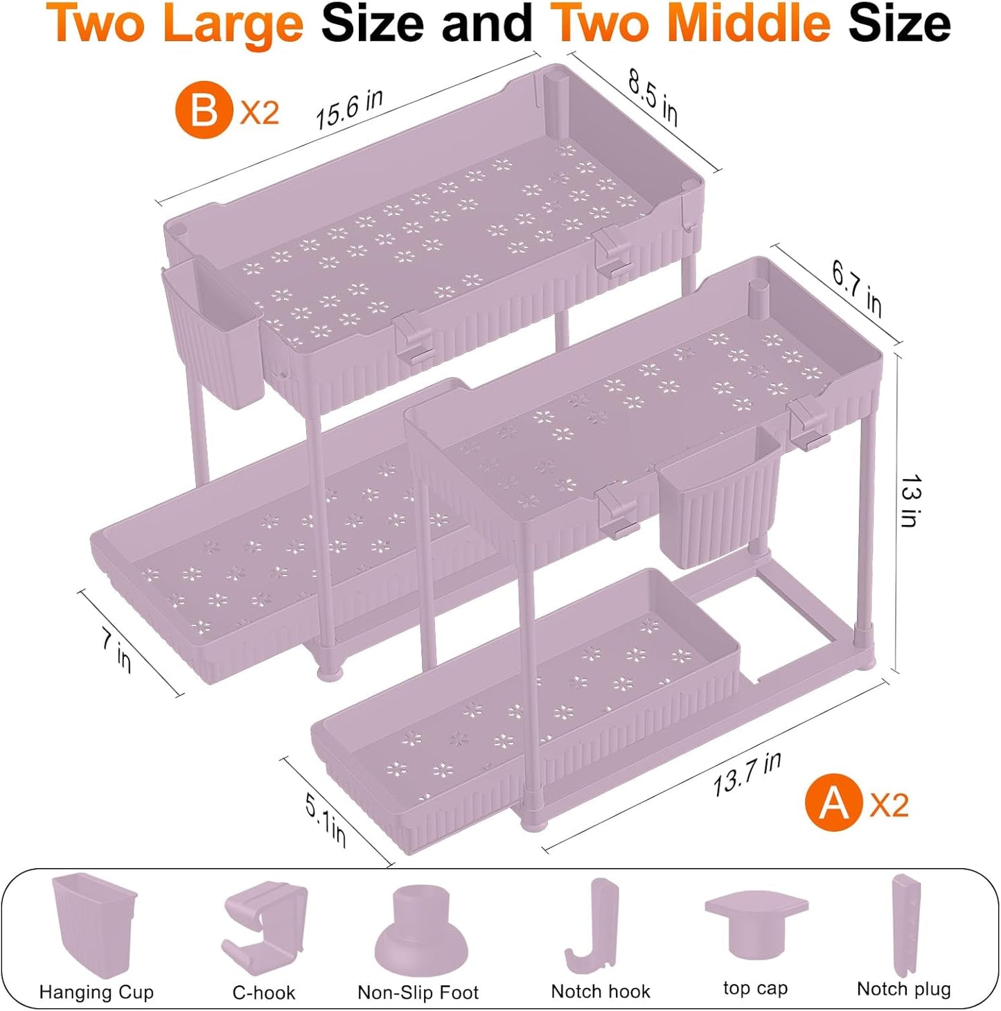Sevenblue Under Sink Organizer, Bathroom Organizers and Storage, 2 Tier Multi-Use Pull Out Cabinet Organizer with Hang Hooks and Cups (Pink, 4 Pack)