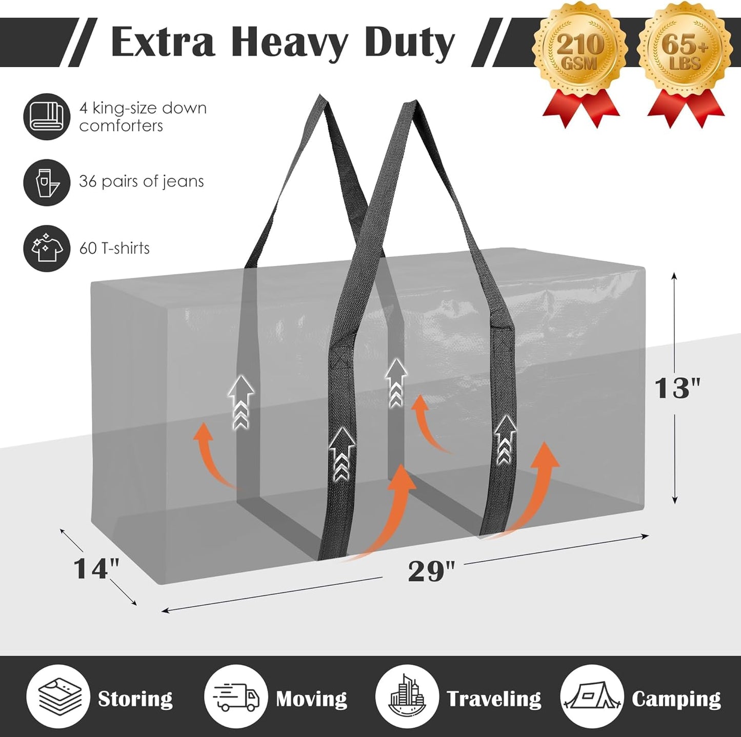 6 Pack Moving Bags with Full-Open Side Zipper, Extra Large 93L Heavy Duty Waterproof Foldable Storage Totes for College Dorm, Moving & Home Organization Black