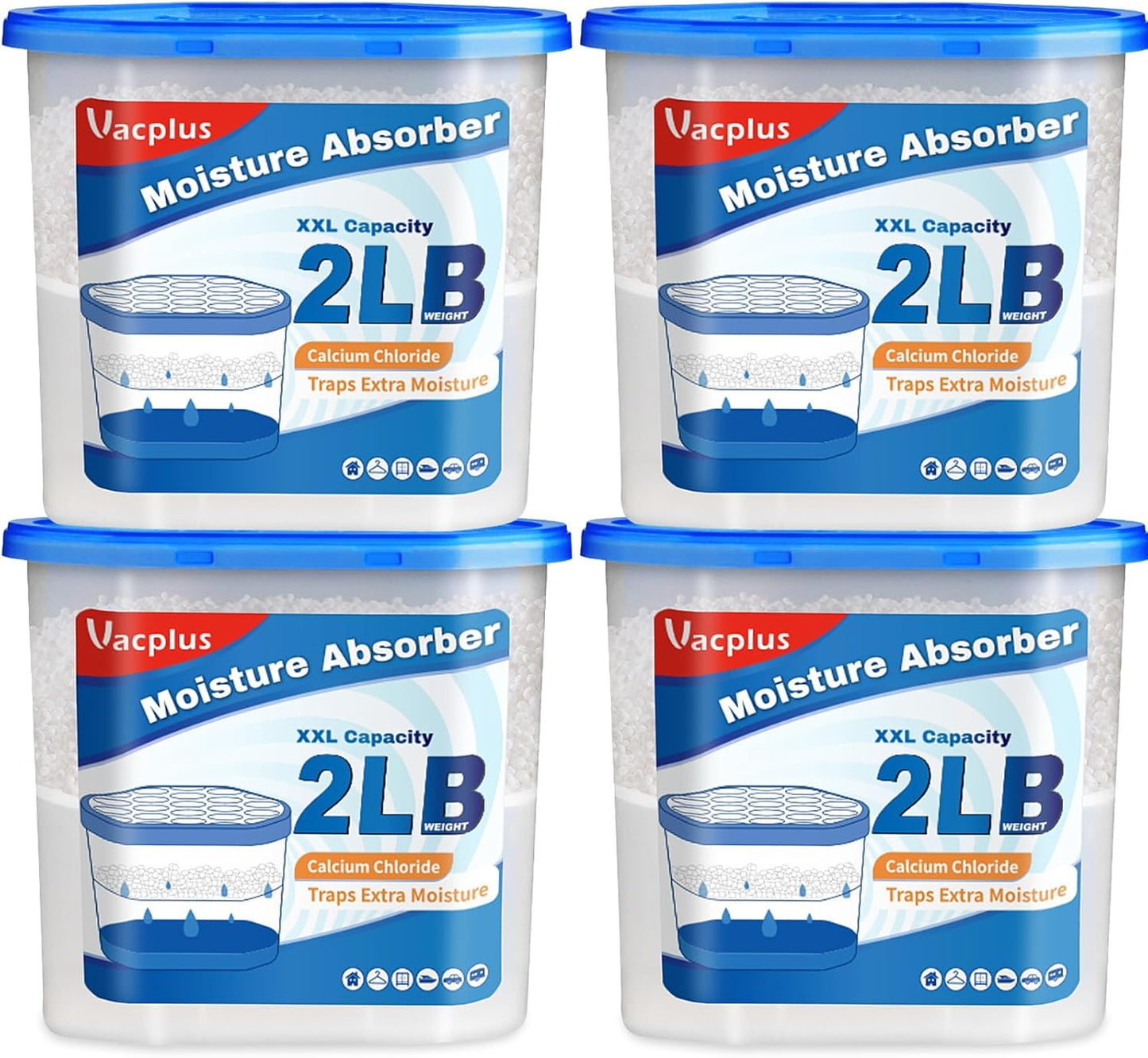 Vacplus Moisture Absorber Buckets – Large Capacity Dehumidifier and Humidity Absorber for Closet, Basement, Bathroom, RV, and Storage Areas, Unscented, 2 lbs, 4 Pack