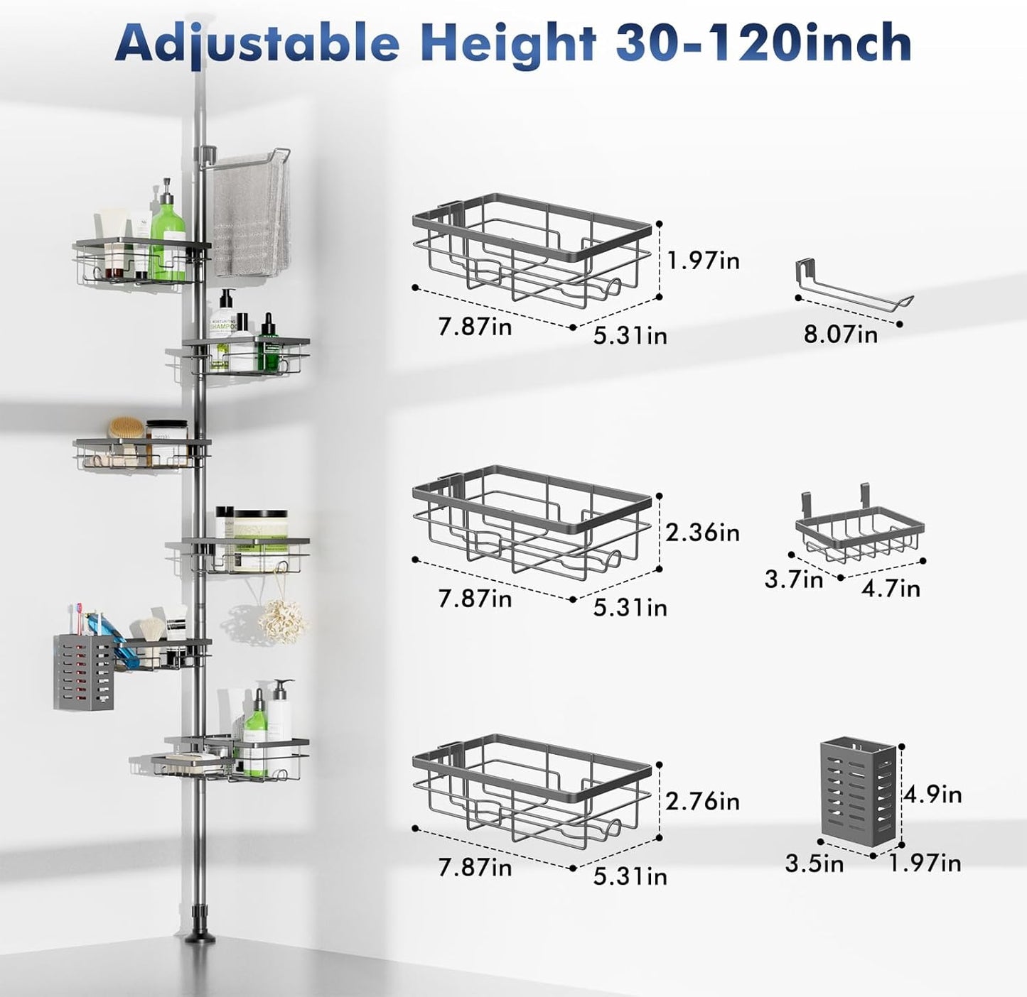 Vatex Corner Shower Caddy Tension Pole,30-120 Inch Adjustable Shower Organizer, 6-Tier Shower Shelves with Towel Rack/Toothbrush Holder/Soap Dish, Bathroom Corner Storage Rust-Resistant