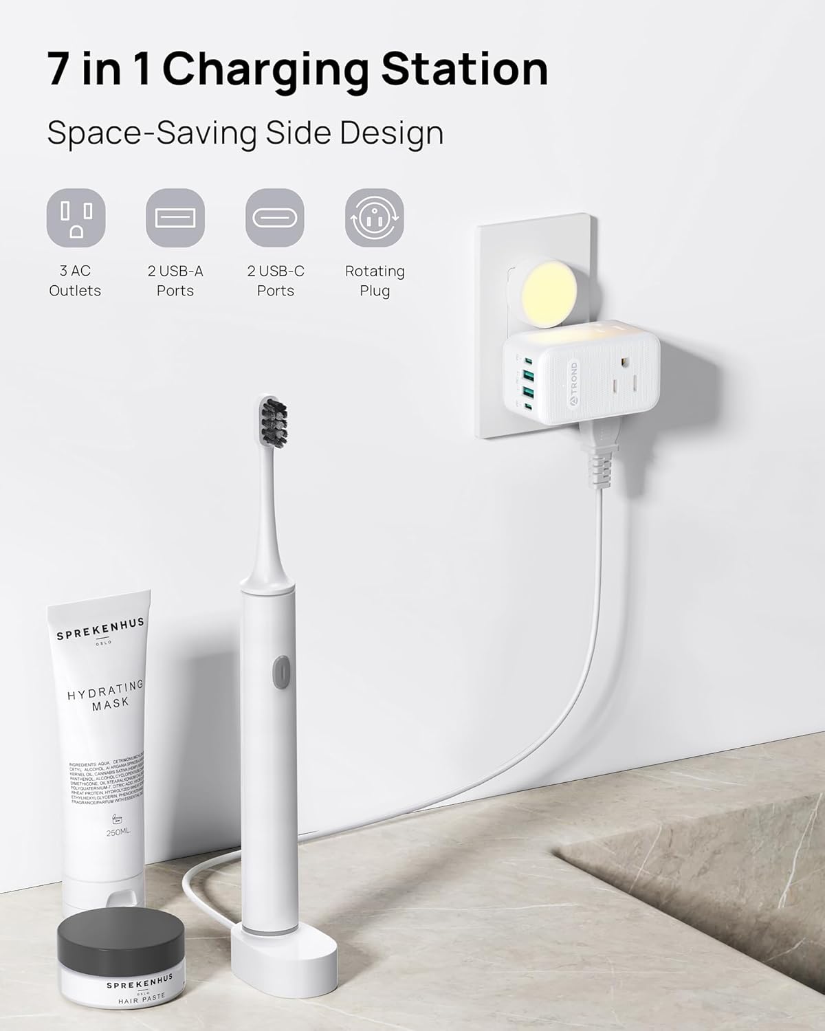 TROND Outlet Extender with 2 PD 20W USB C Charger, 3 AC Multi Plug Outlet Splitter with 360 Rotating Plug, USB Wall Socket Adapter, A Small Charging Station for Kitchen Bathroom Cruise Essentials