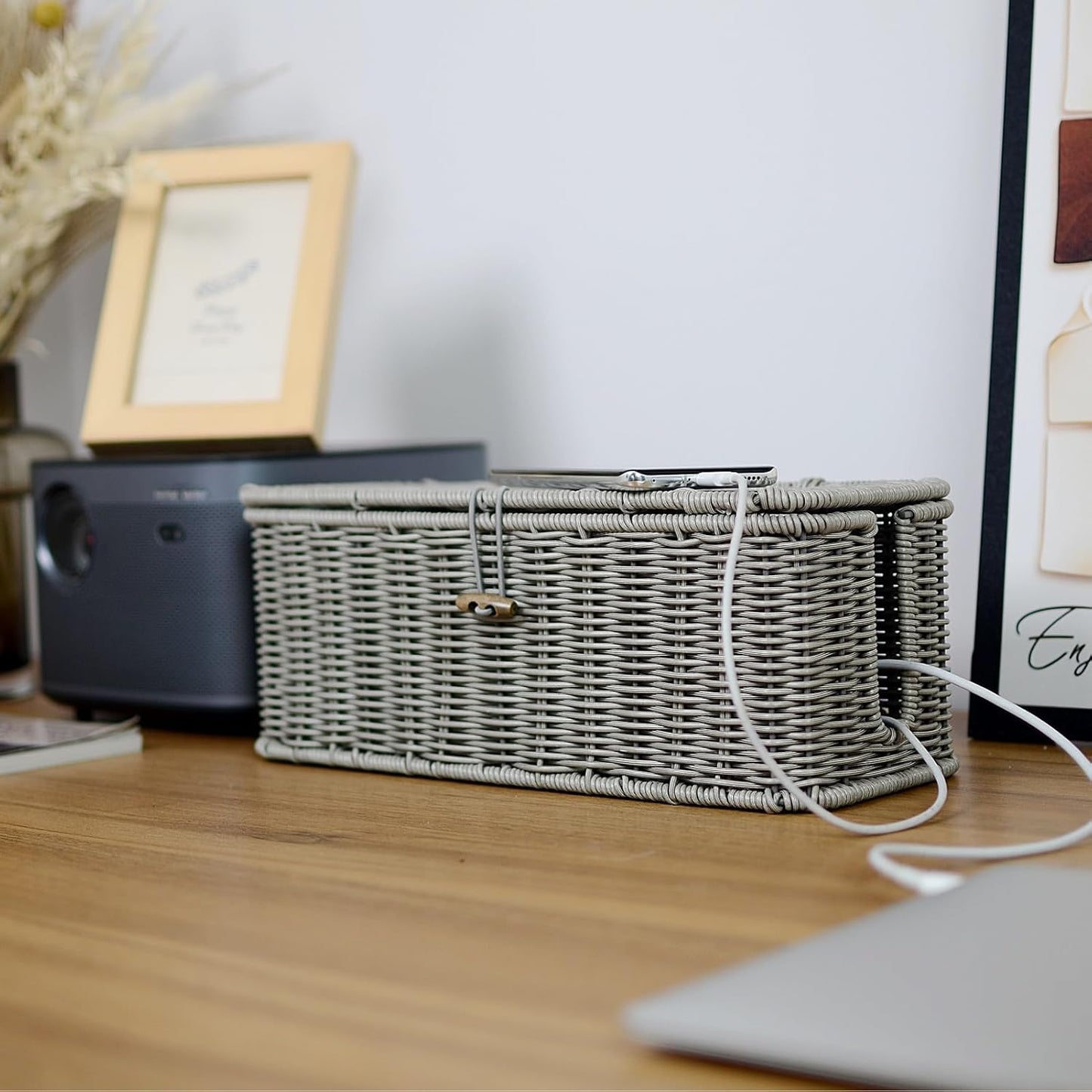 Cable Management Box, Cord Organizer with Lid & Cable Ties - Gray, M | Handmade Open Slots Cord Hider Outlet Covers for Power Strip TV PC Router Charger Under Desk Storage