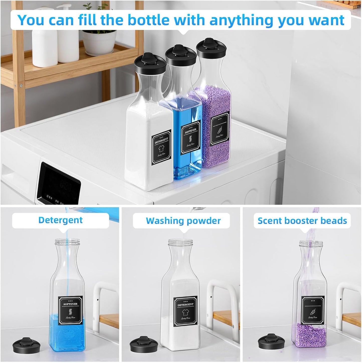 Laundry Detergent Dispenser,54oz Fabric Softener Dispenser,Plastic Liquid Laundry Detergent Container,Laundry Detergent Organizer for Laundry Room Organization with 4 Labels,Black