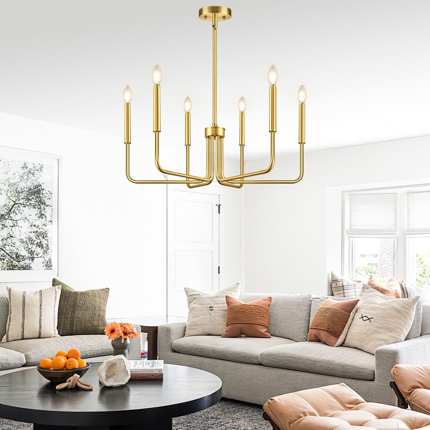 Brass Gold Chandelier, 6-Light Chandelier Light Fixture Farmhouse Chandeliers for Dining Room, Vintage Candle Pendant Light Fixtures Chandelier for Bedroom, Kitchen, Foyer, Entryway and Living Room