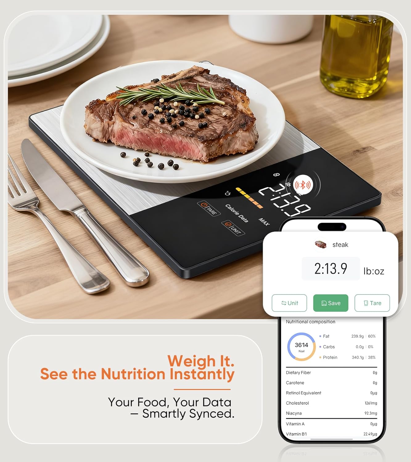 KUAIVO Smart Nutrition Food Scale with LED Display, Tracks Calories, Fat, Carbs & Protein via App, 1g Precision Digital Kitchen Scale for Healthy Eating & Meal Prep
