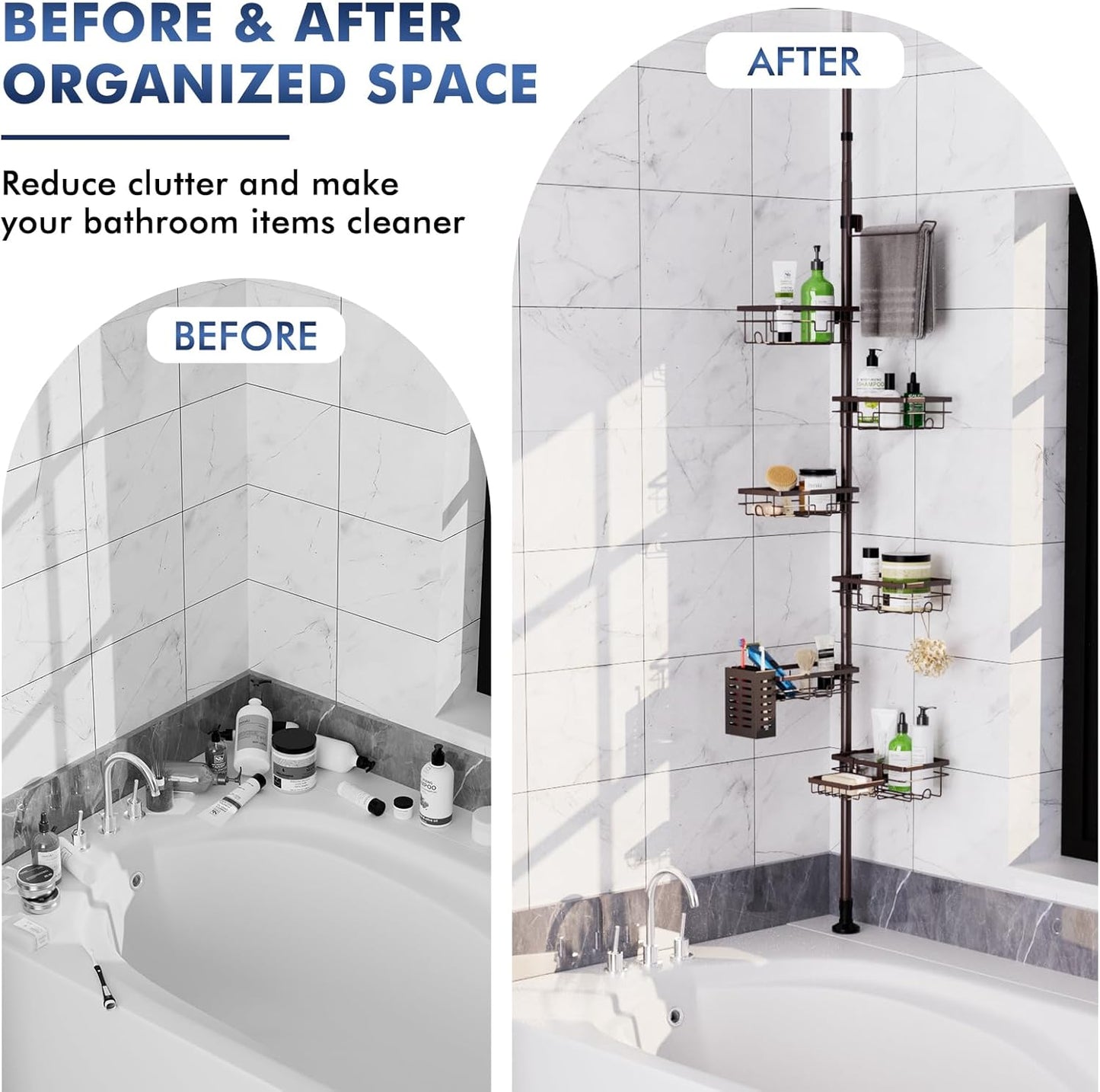 Vatex Corner Shower Caddy Tension Pole,Adjustable 30-120 Inch Bathroom Organizer Storage,Rustproof 6-Tier Shower Corner Shelves,Towel Rack, Toothbrush Holder, Soap Dish Organizers