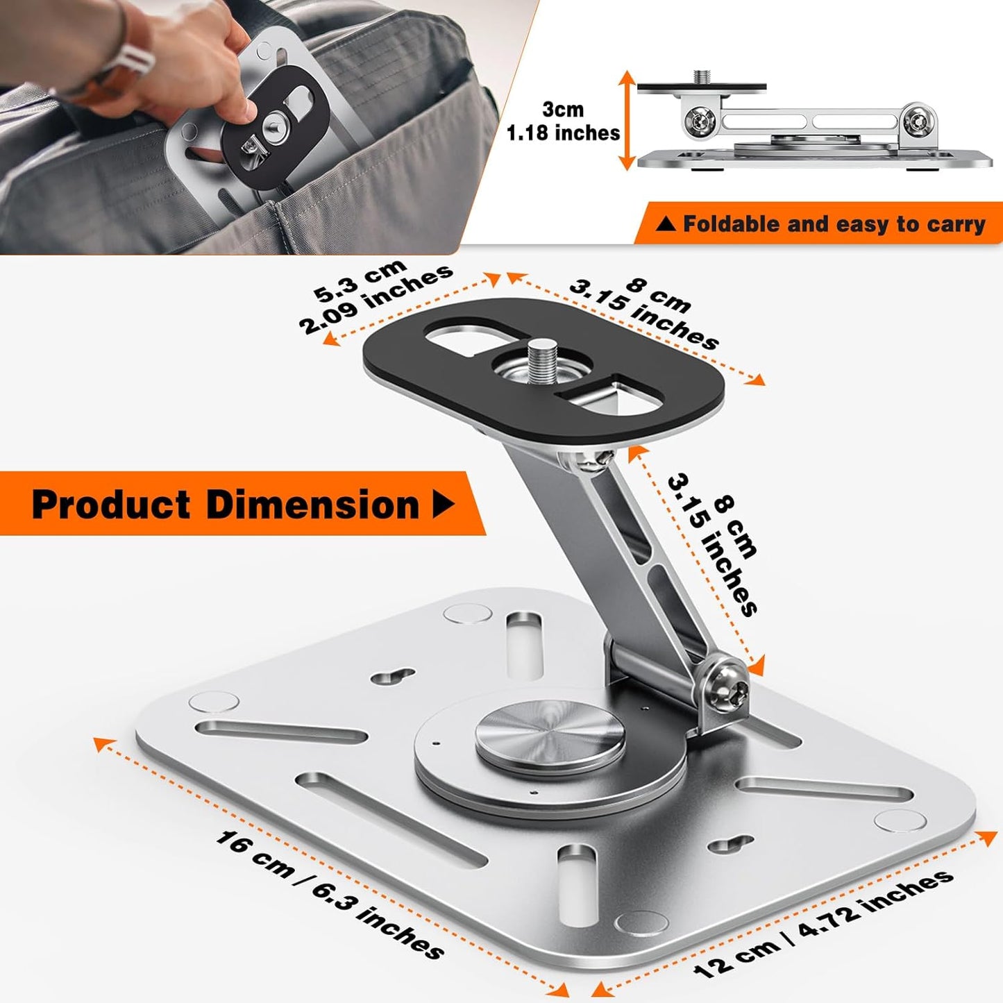 3-in-1 Projector Stand – Desk, Wall and Ceiling Mount with 1/4-Inch Thread, Foldable, Easy Setup, Height Adjustable and 360-degree Rotation Compatible with Most Projectors for Home, Office