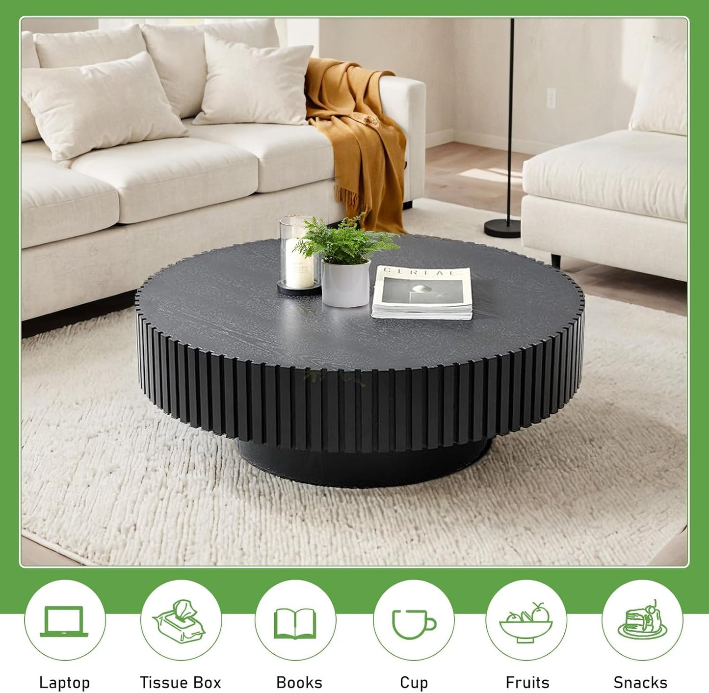 31.5'' Round Coffee Table (Round Black) | Modern Handcraft Drum Coffee Table, Unique Fluted, Wood Center Table, For Small Space, Farmhouse Apartment Office