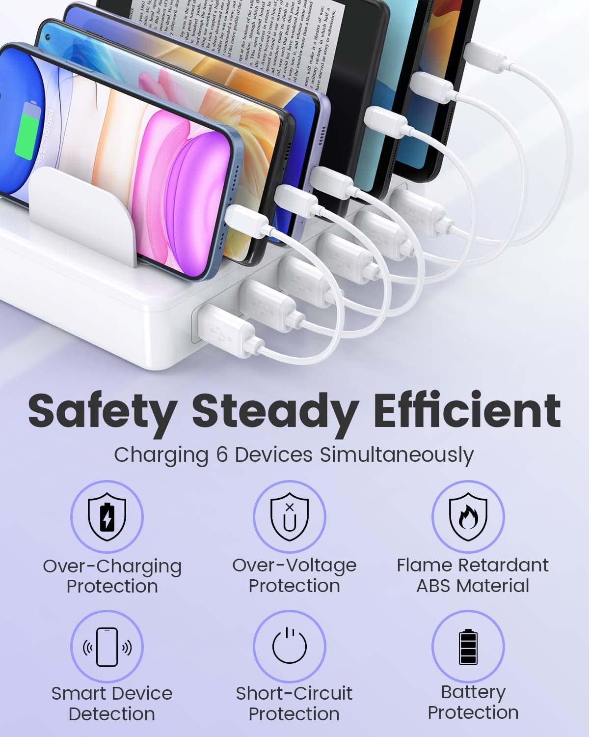 50W Charging Station for Multiple Devices, 6 Port Multi USB Charger Station | with 6 Cables,1 USB-A to USB-C Adapter Converter, Compatible with iPhone,iPad Kindle Tablet and Other Electronic（White)