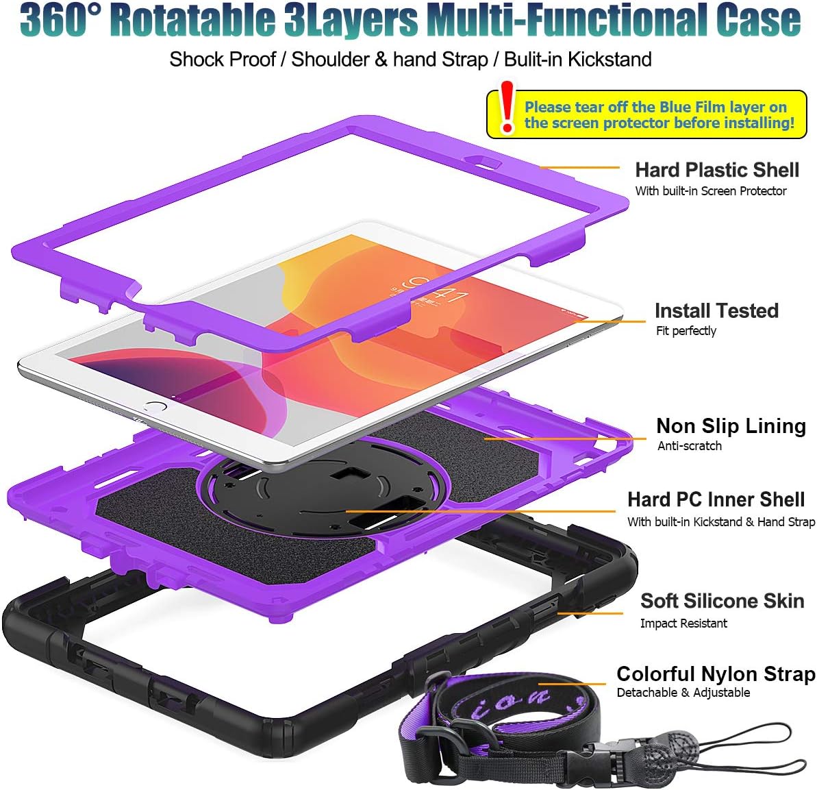SEYMAC stock Case for iPad 9th/ 8th/ 7th Generation 10.2'', Shockproof with Screen Protector, Pencil Holder [360° Rotating Hand Strap] & Stand, for iPad 10.2 inch 2021-2019 (Purple+Black)