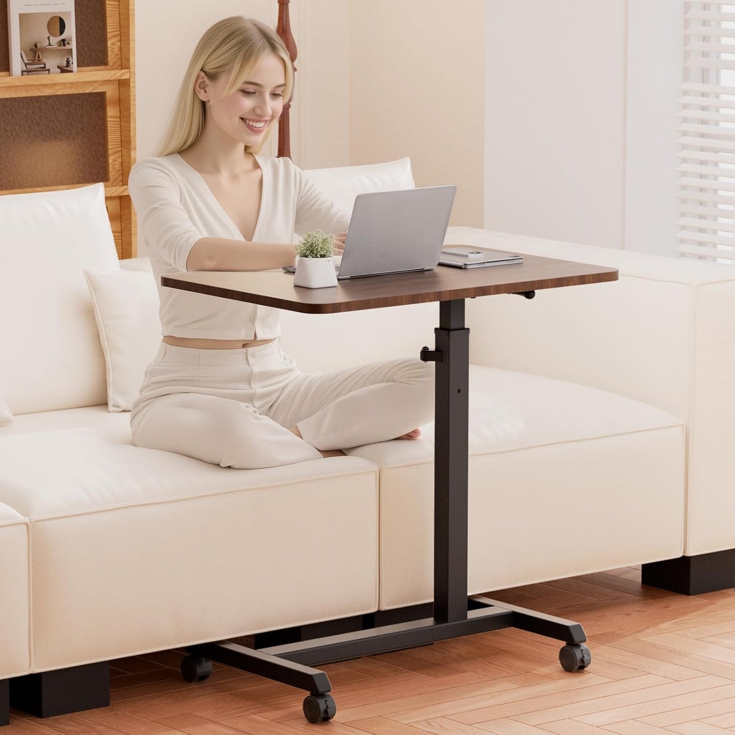 GTPLAYER Small Standing Desk, 24 Inches Foldable Mobile Rolling Laptop PC Table with Lockable Casters, Adjustable Height Overbed Bedside Table Computer Workstation for Home Office, Walnut-Foldable