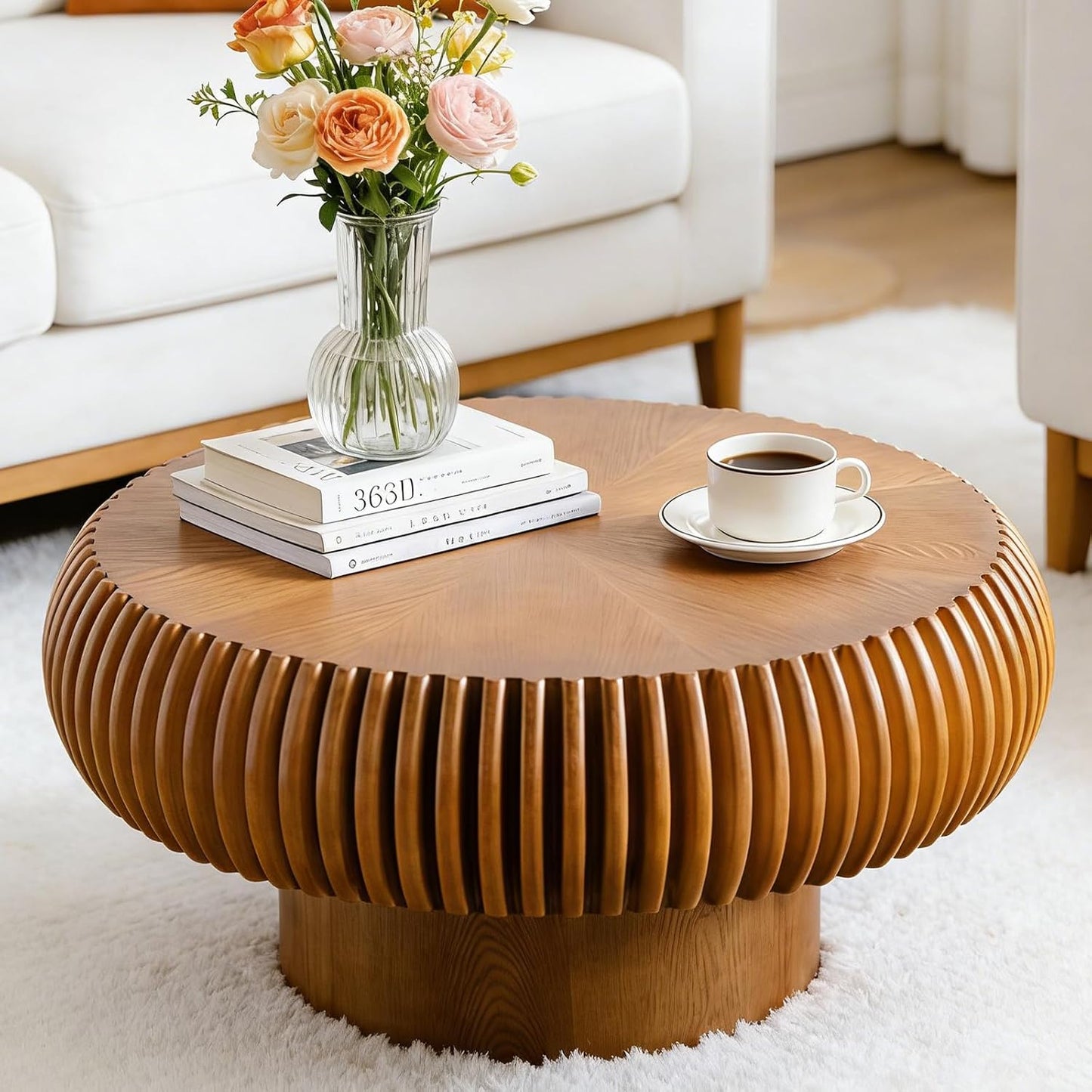 31" Brown Round Wood Fluted Coffee Table for Living Room (D) | Drum Shape, Wood Veneer Top & Base, Rustic Modern Style, Low Circle Center Table, For Apartment Small Space, Easy to Assemble