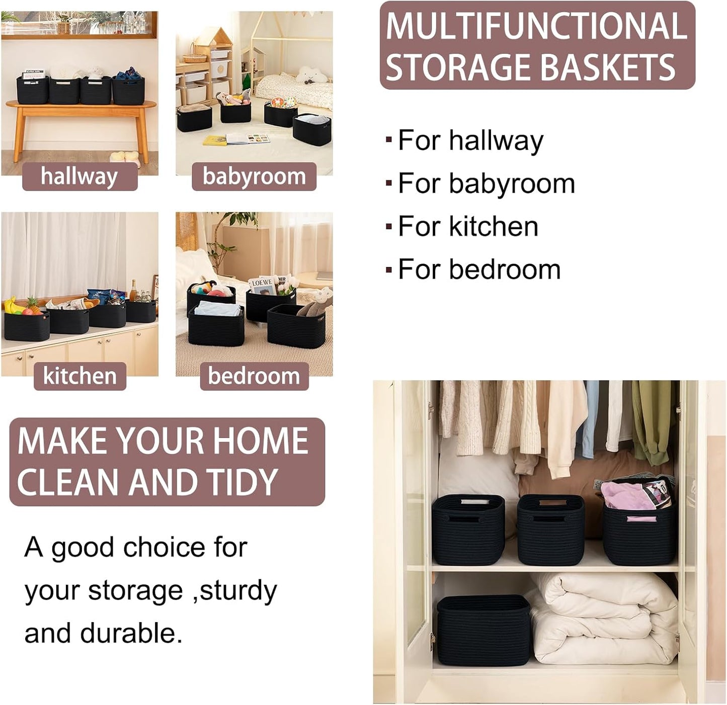 OIAHOMY 4 Pack Storage Baskets for Organizing 15L Cube Storage Bins Black