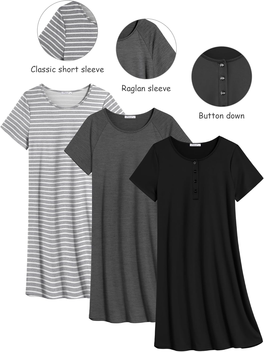 Ekouaer 3 Pack Nightgowns for Women Short Sleeve Sleepshirt Button Down Nightshirt Soft Pajamas Dress Casual Sleepwear