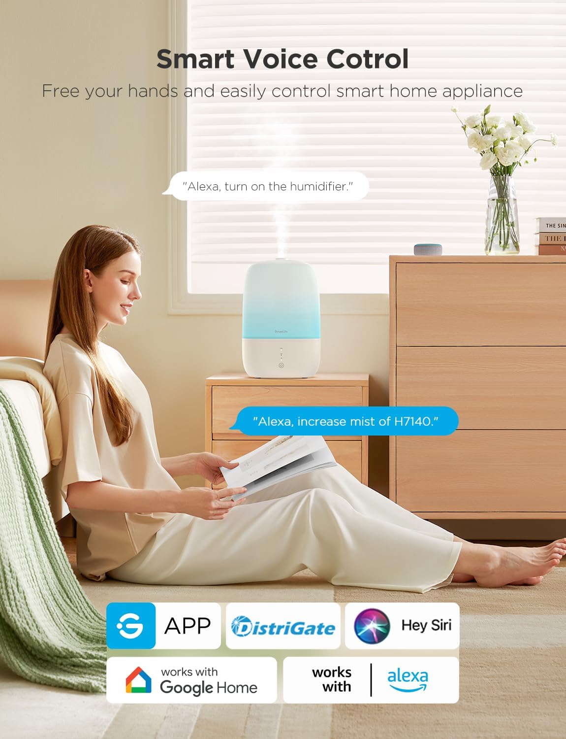 GoveeLife Smart Humidifiers for Bedroom, 3L Top Fill Cool Mist Humidifier, 24dB Quiet Runtime, Humidity Control, WiFi Air Humidifier with Night Light, for Baby, Plants, Home, Work with Alexa