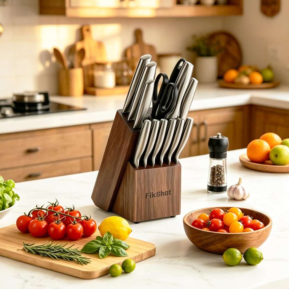 FIKSHOT 14 Pieces Knife Block Set German Stainless Steel with Block, Razor-Sharp Santoku Knives, Fruit & Kitchen Knives, Rust Resistant for Homecooks (Silver + Walnut)
