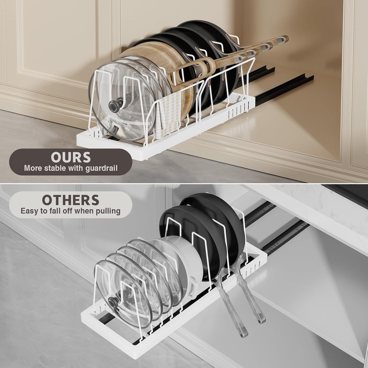 Magheo 2 Pack Pots and Pans Organizer Under Cabinet, 22" Deep Expandable Pull Out Pot Lid Organizer and Storage with 10 Adjustable Dividers No Drill Pot and Pan Holder Rack with Handle Bracket(White)